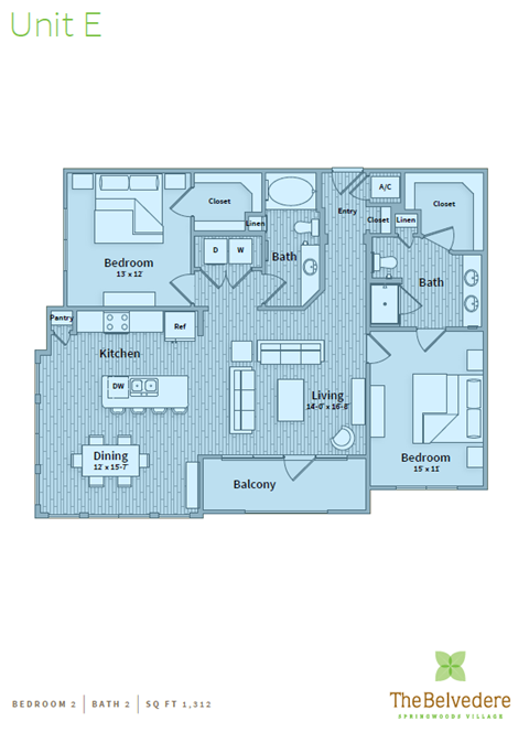 Floor plan for 2 beds, 2 baths, 1312 sqft